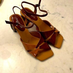 Jeffrey Campbell brown & tan open toe Mary Jane style shoes.